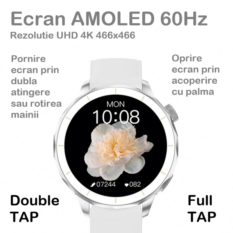 Ceas SmartWatch Dama ZENARK® Watch H65 PRO, 2 Bratari, Ecran AMOLED, Ultra HD 4K, Silver/White - RESIGILAT [5]