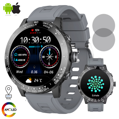Super REDUCERI cu transport gratuit - Ceas Smartwatch Zenark® G30 PRO Carbon, Ecran Amoled Ultra HD 4K, Baterie 450 mAh, Rezistent la socuri extreme, Subacvatic 3 ATM, Busola, Altimetru, Barometru, Functie ritm cardiac, Somn, Oxigen sange SpO2, Stres, Respiratie, 170+ moduri de sport, Gri