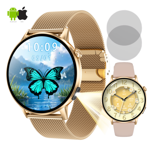 AMOLED series - Ceas SmartWatch ZENARK® Dbit 8, 2 Bratari, Ecran 1.32 inch AMOLED Ultra HD 4K, Functii sanatate, Sporturi multiple, Lanterna, Auriu