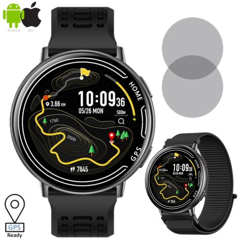 Super REDUCERI cu transport gratuit - Ceas SmartWatch ZENARK® K100, Ecran Ultra HD 360x360, 2 bratari incluse, GPS integrat, 100+ Sporturi, Negru
