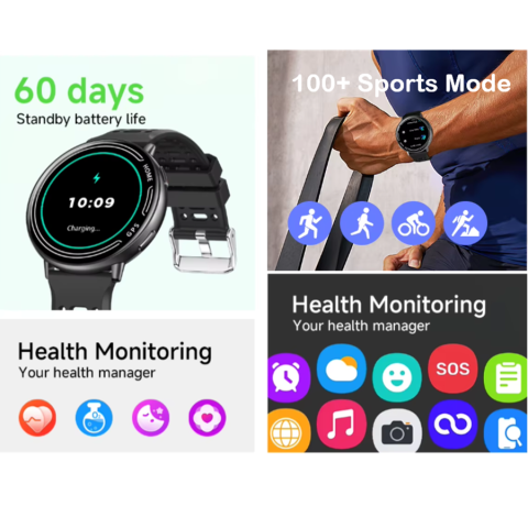 Ceas SmartWatch ZENARK® K100, Ecran Ultra HD 360x360, 2 bratari incluse, GPS integrat, 100+ Sporturi, Negru [7]