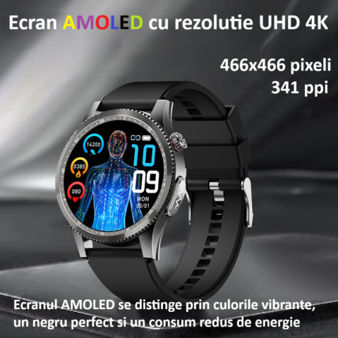 Ceas SmartWatch ZENARK® HX 9 PRO, Ecran AMOLED Ultra HD 4K, Monitorizare Glicemie, ECG, Ritm cardiac 24H, Somn, Oxigen sange, Temperatura corporala, Tensiune arteriala, Respiratie, Analiza sange, Evaluare rapida 30 Sec, Notificari, Apel, SMS, Negru [14]