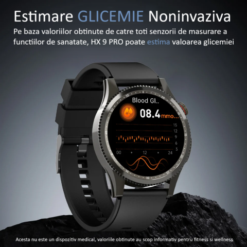 Ceas SmartWatch ZENARK® HX 9 PRO, Ecran AMOLED Ultra HD 4K, Monitorizare Glicemie, ECG, Ritm cardiac 24H, Somn, Oxigen sange, Temperatura corporala, Tensiune arteriala, Respiratie, Analiza sange, Evaluare rapida 30 Sec, Notificari, Apel, SMS, Negru [5]