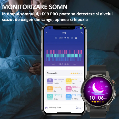 Ceas SmartWatch ZENARK® HX 9 PRO, Ecran AMOLED Ultra HD 4K, Monitorizare Glicemie, ECG, Ritm cardiac 24H, Somn, Oxigen sange, Temperatura corporala, Tensiune arteriala, Respiratie, Analiza sange, Evaluare rapida 30 Sec, Notificari, Apel, SMS, Negru [10]