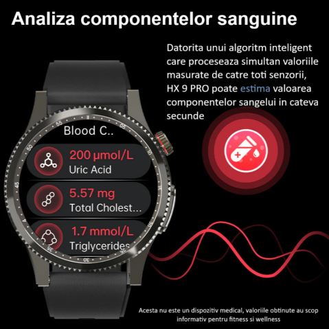 Ceas SmartWatch ZENARK® HX 9 PRO, Ecran AMOLED Ultra HD 4K, Monitorizare Glicemie, ECG, Ritm cardiac 24H, Somn, Oxigen sange, Temperatura corporala, Tensiune arteriala, Respiratie, Analiza sange, Evaluare rapida 30 Sec, Notificari, Apel, SMS, Negru [9]