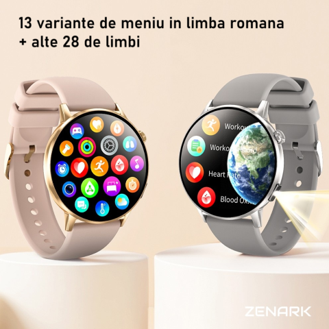 Ceas SmartWatch ZENARK® Dbit 8, 2 Bratari, Ecran 1.32 inch AMOLED Ultra HD 4K, Functii sanatate, Sporturi multiple, Lanterna, Negru [6]