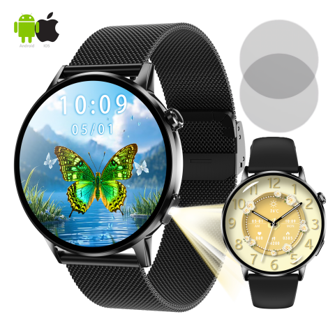 AMOLED series - Ceas SmartWatch ZENARK® Dbit 8, 2 Bratari, Ecran 1.32 inch AMOLED Ultra HD 4K, Functii sanatate, Sporturi multiple, Lanterna, Negru