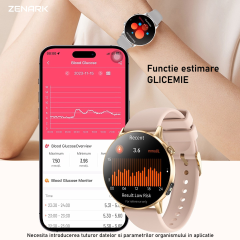 Ceas SmartWatch ZENARK® Dbit 8, 2 Bratari, Ecran 1.32 inch AMOLED Ultra HD 4K, Functii sanatate, Sporturi multiple, Lanterna, Auriu [10]