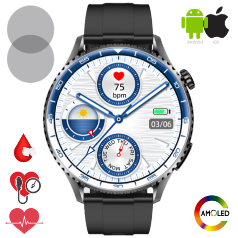 AMOLED series - Ceas SmartWatch ZENARK® X-MT 9 PRO, Ecran AMOLED Ultra HD 4K, Estimare Glicemie, ECG, Ritm cardiac 24H, Somn, SpO2, MET, HRV, Tensiune arteriala, Respiratie, Componente sange, Evaluare rapida 30 Sec, Notificari, Apel HD, SMS, Lanterna/SOS LED, Negru