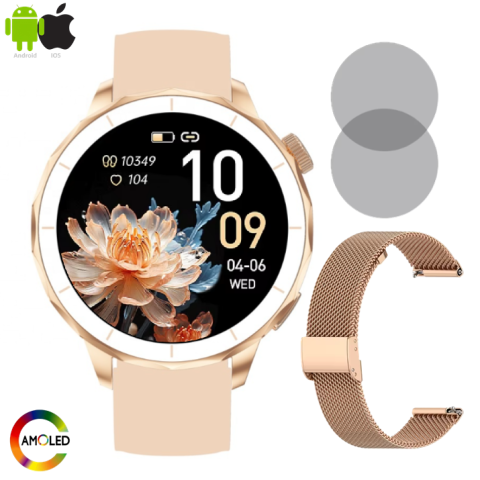 AMOLED series - Ceas SmartWatch Dama ZENARK® Watch H65 PRO, 2 Bratari, Ecran AMOLED, Ultra HD 4K, Gold/Rose