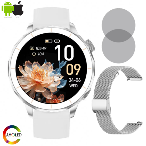 SLIM series - Ceas SmartWatch Dama ZENARK® Watch H65 PRO, 2 Bratari, Ecran AMOLED, Ultra HD 4K, Silver/White