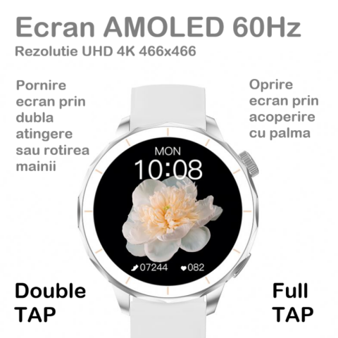 Ceas SmartWatch Dama ZENARK® Watch H65 PRO, 2 Bratari, Ecran AMOLED, Ultra HD 4K, Silver/White - RESIGILAT [4]