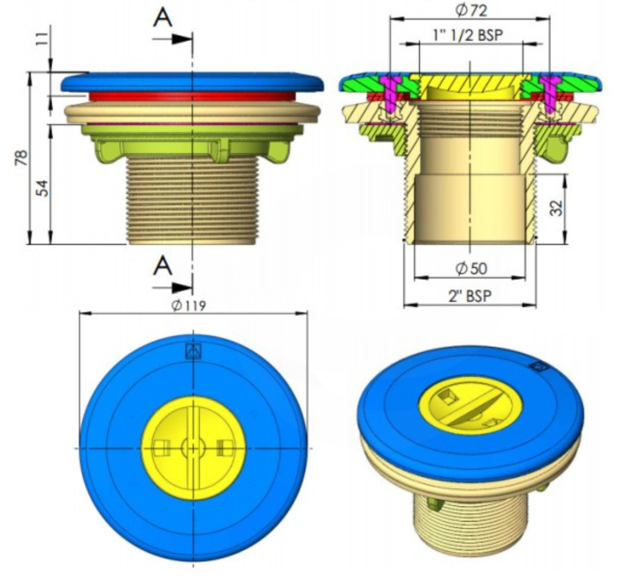 Priză aspirație AstralPool 00332 - Piscine liner - Sistem etanșare complet flanșă și garnituri - Filet 2" [2]