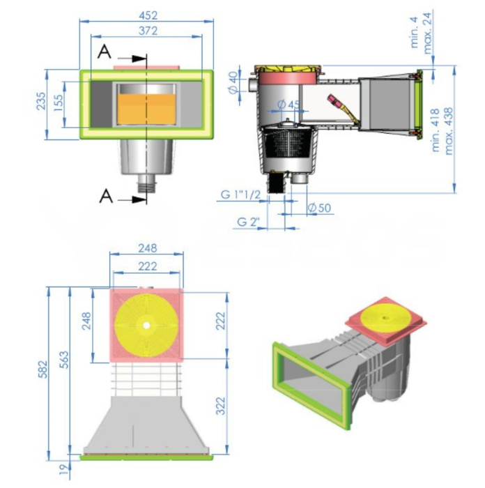 Skimmer AstralPool Liner 15.0 Litri - Deschidere Frontală Largă - Lungime Încastrare Standard - Capac Pătrat [2]
