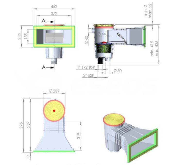 Skimmer AstralPool Beton 15 Litri - Deschidere Frontală Largă - Lungime Încastrare Standard - Capac Pătrat [2]