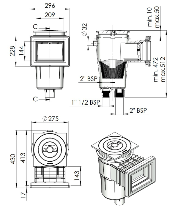 Skimmer AstralPool Beton 17.5 Litri - Deschidere Frontală Îngustă - Lungime Încastrare Scurtă - Inel Extensie [2]