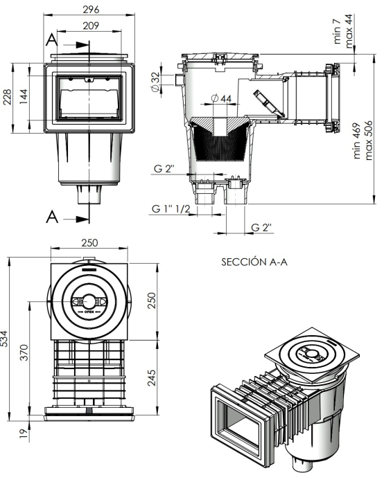 Skimmer AstralPool Liner 17.5 Litri - Deschidere Frontală Îngustă - Lungime Încastrare Standard - Inel Extensie [2]