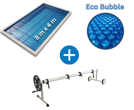 Acoperiri piscina - Prelată de vară cu bule Eco Bubble AstralPool 400 µ, 4 × 8 m, tivire cu capse la ambele capete + derulator telescopic mobil Ø 80 mm