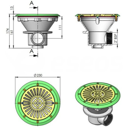 Sifon piscină liner AstralPool Ø230mm grilaj Ø180mm racord 2 inch debit 13mc/h cu garnituri conform EN 16582-1 [2]
