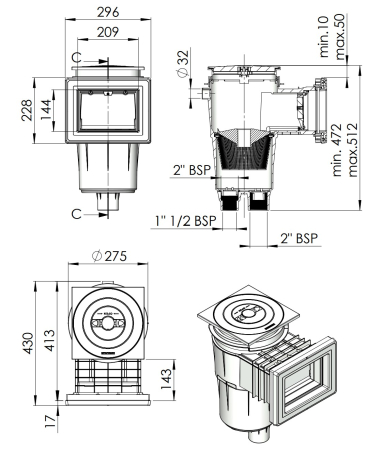 Skimmer AstralPool Beton 17.5 Litri - Deschidere Frontală Îngustă - Lungime Încastrare Scurtă - Inel Extensie [1]
