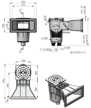 Skimmer AstralPool Beton 17.5 Litri - Deschidere Frontală Largă - Lungime Încastrare Standard - Inel Extensie [1]