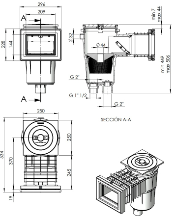 Skimmer AstralPool Liner 17.5 Litri - Deschidere Frontală Îngustă - Lungime Încastrare Standard - Inel Extensie [1]