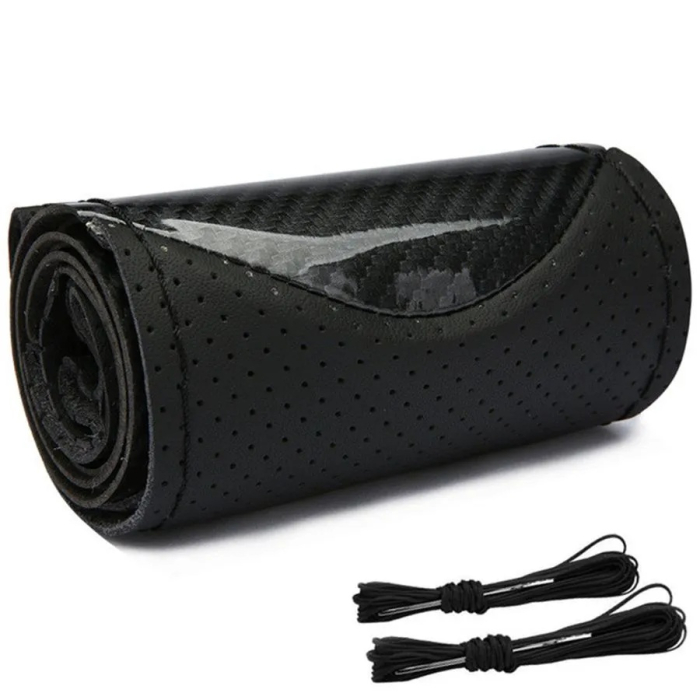 Husa volan din Piele Neagra Perforata + Carbon Black si ata neagra pentru cusut, marime M, diametru 37 - 39 cm [2]