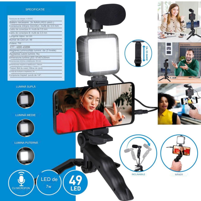 Kit Vlogging Profesional pentru filmari video, Luminozitate de 300 Lumen, Alimentare cu Baterii AA, Design Compact Negru [4]
