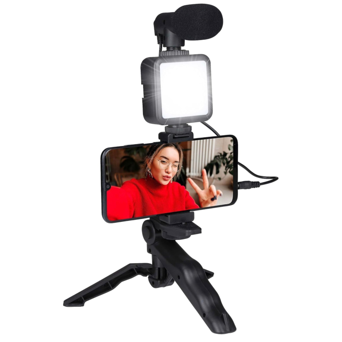 Kit Vlogging Profesional pentru filmari video, Luminozitate de 300 Lumen, Alimentare cu Baterii AA, Design Compact Negru [2]