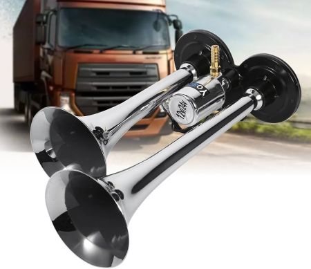 Accesorii Camioane si Remorci - Claxon bitonal cu 2 goarne, alimentare 12/24V pentru vehiculele dotate cu compresor de aer, culoare Crom/Negru