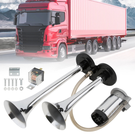 Accesorii Camioane si Remorci - Claxon bitonal cu 2 goarne, Super Puternic, 178db, alimentare 12V cu compresor electric inclus, culoare Crom/Negru