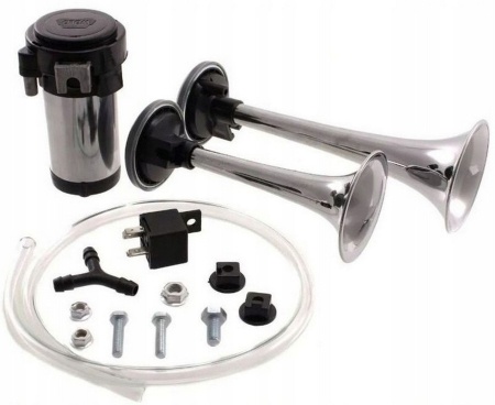 Claxon bitonal cu 2 goarne, Super Puternic, 178db, alimentare 12V cu compresor electric inclus, culoare Crom/Negru [1]