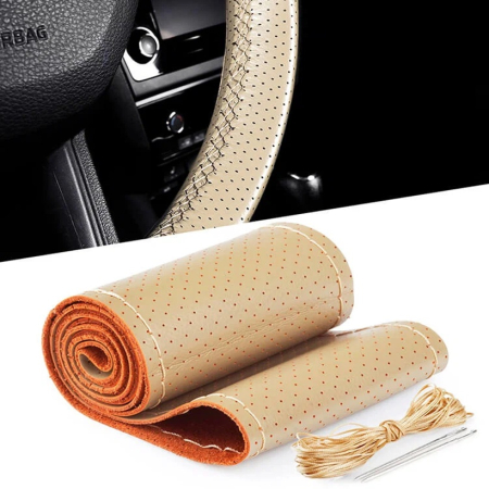 Suporti telefon - Husa volan din PIELE BEJ + ATA BEJ, diametru 37 - 39 cm (se coase, aspect ORIGINAL)