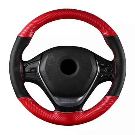 Suporti telefon - Husa volan din Piele Neagra Perforata + Carbon Red si ata rosie pentru cusut, marime M, diametru 37 - 39 cm