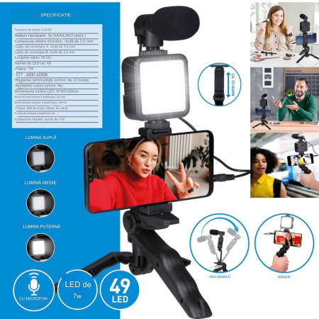 Kit Vlogging Profesional pentru filmari video, Luminozitate de 300 Lumen, Alimentare cu Baterii AA, Design Compact Negru [3]