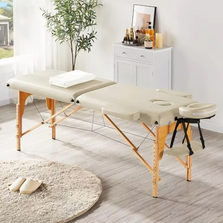 Accesorii Casa - Masa de masaj pliabila, 2 zone, cadru lemn, spuma 5cm, inaltime 55-76cm, piele ecologica, dimensiuni 60x213cm, culoare Crem