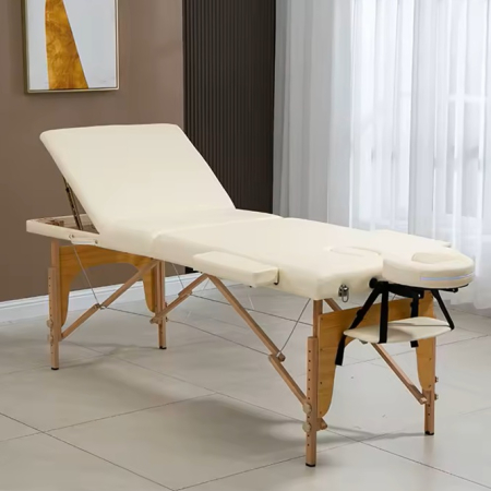 Accesorii Casa - Masa de masaj pliabila, 3 zone, cadru lemn, spuma 5cm, inaltime 55-76cm, piele ecologica, dimensiuni 60x213cm, culoare Crem