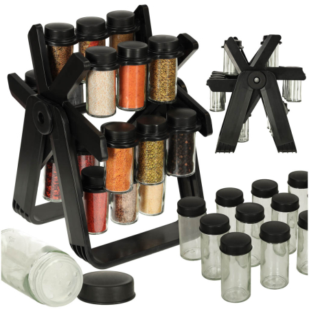 Accesorii Casa>Baie - Bucatarie - Organizator de condimente cu 18 containere cu suport rotativ pentru bucatarie, culoare neagra