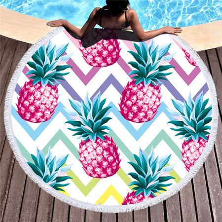 Accesorii Gradina - Prosop mare de plaja, super absorbant, forma rotunda, diametru 150cm, model Ananas
