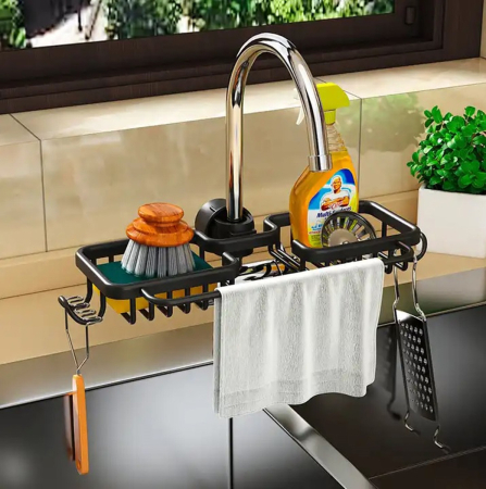 Accesorii Casa>Baie - Bucatarie - Raft organizator dublu, universal pentru bucatarie sau baie, montaj pe robinet, material otel, culoare Neagra