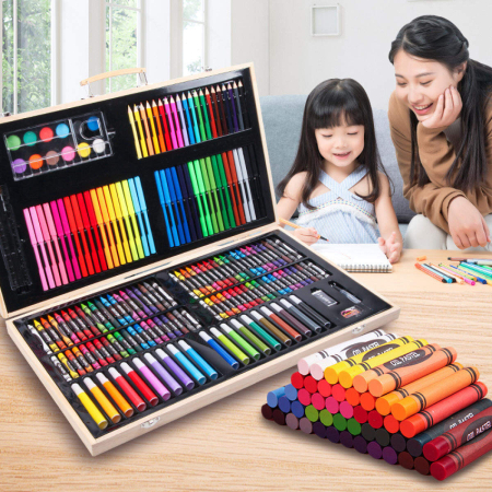 Birotica si Papetarie - Set 180 piese pentru desen pentru copii sau adulti, creioane colorate, vopsele si markere, cu geanta de transport din LEMN MASIV, model AVX-WT-ART-10