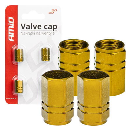 Capace Valva - Set 4 capacele auto pentru ventil, din aluminiu, model Hexagon, culoare Galben