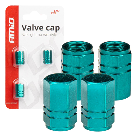Capace Valva - Set 4 capacele auto pentru ventil, din aluminiu, model Hexagon, culoare Verde