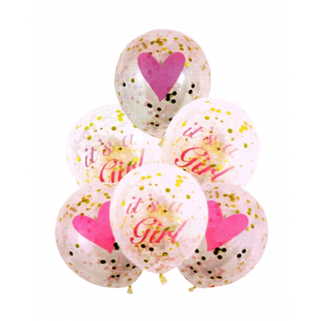 Accesorii Casa>Accesorii Petrecere - Set 6 buc. baloane pentru Zi de Nastere Fetite, culoare Roz cu Confetti