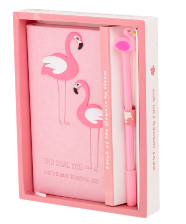 Birotica si Papetarie - Set Cadou pentru Copii, Caiet cu Flamingo finisat cu piele ecologica + Pix cu Flamingo