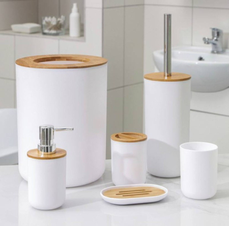 Accesorii Casa>Baie - Bucatarie - Set Elegant pentru baie format din 6 piese, ABS + lemn, culoare alb/maro