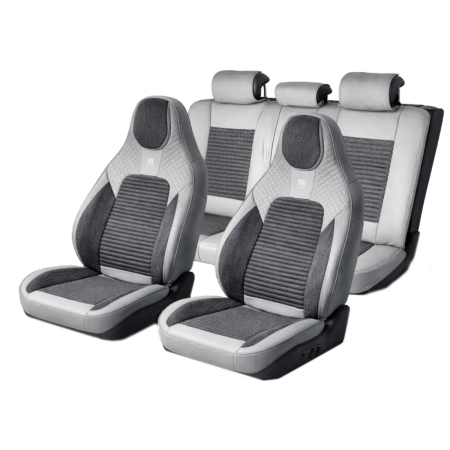 Huse Auto - Set huse scaune auto Premium, model BLAZE Elite, design Sportiv,  universale, ergonomice, Piele Ecologica cu insertii textile, culoare Gri/Crem