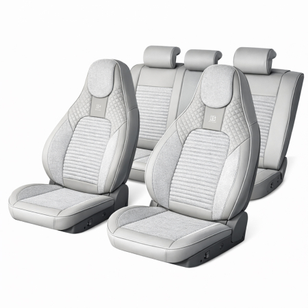 Huse Auto - Set huse scaune auto Premium, model BLAZE Luxor, design Sportiv,  universale, ergonomice, Piele Ecologica cu insertii textile, culoare Crem/Gri
