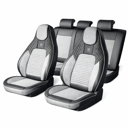 Huse Auto - Set huse scaune auto Premium, model BLAZE Prime, design Sportiv,  universale, ergonomice, Piele Ecologica cu insertii textile, culoare Negru/Gri