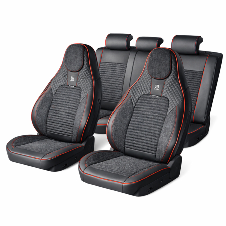 Huse Auto - Set huse scaune auto Premium, model BLAZE Torque, design Sportiv,  universale, ergonomice, Piele Ecologica cu insertii textile, culoare Negru/Rosu